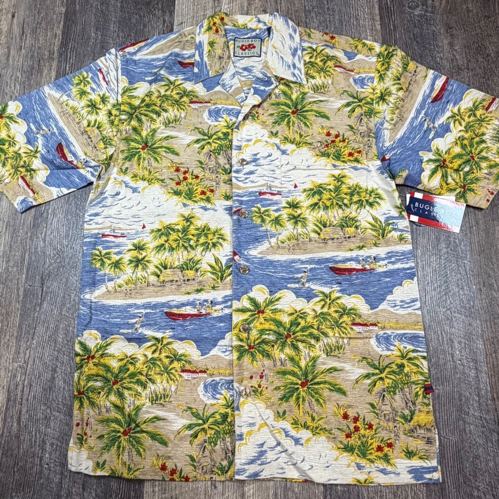 Bugle Boy Classics Mens Silk Blend Tropical Island Print Button Down Shirt M NEW